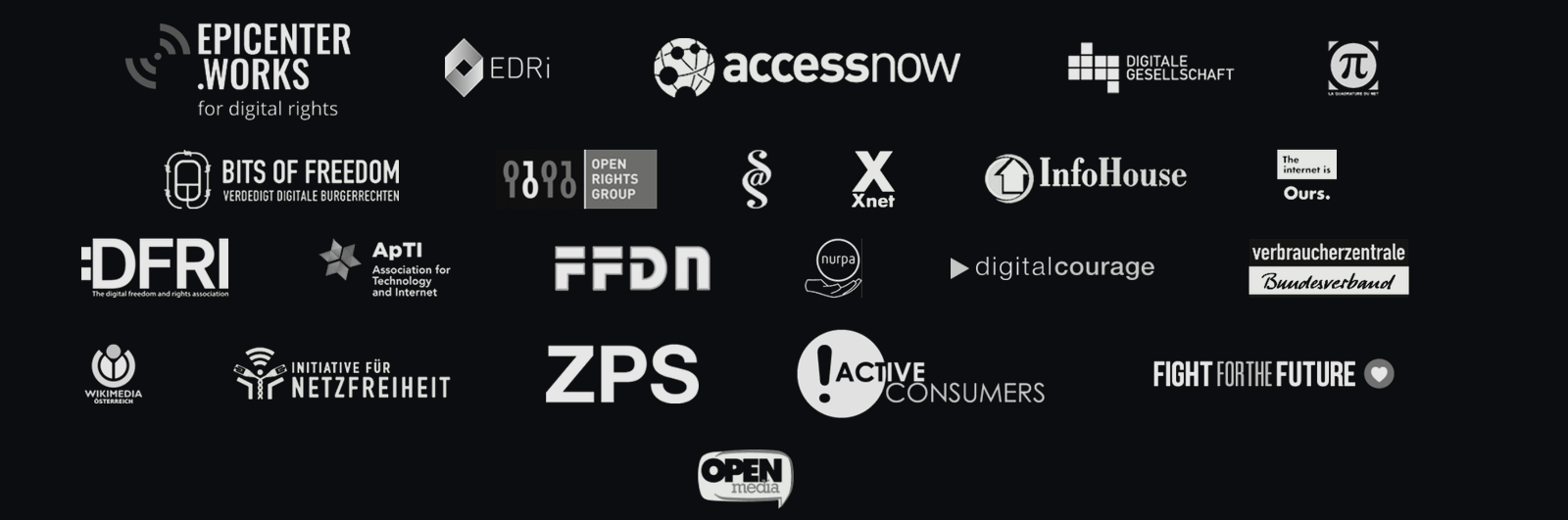 Logos of the organisations in the 2016 savetheinternet coalition, including epicenter.works, EDRi, Access Now, Digitale Gesellschaft, La Quadrature du Net, Bits of Freedom, Open Rights Group, Xnet, InfoHouse, DFRI, ApTI, FFDN, Digitalcourage, Verbraucherzentrale Bundesverband, Wikimedia Österreich, Initiative für Netzfreiheit, ZPS, Active Consumers, Fight for the Future and OpenMedia