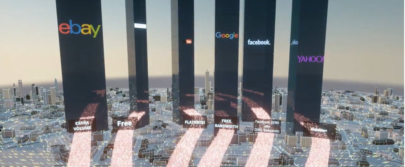 Still from the net neutrality explainer video: towers labelled with company logos above a glowing city network
